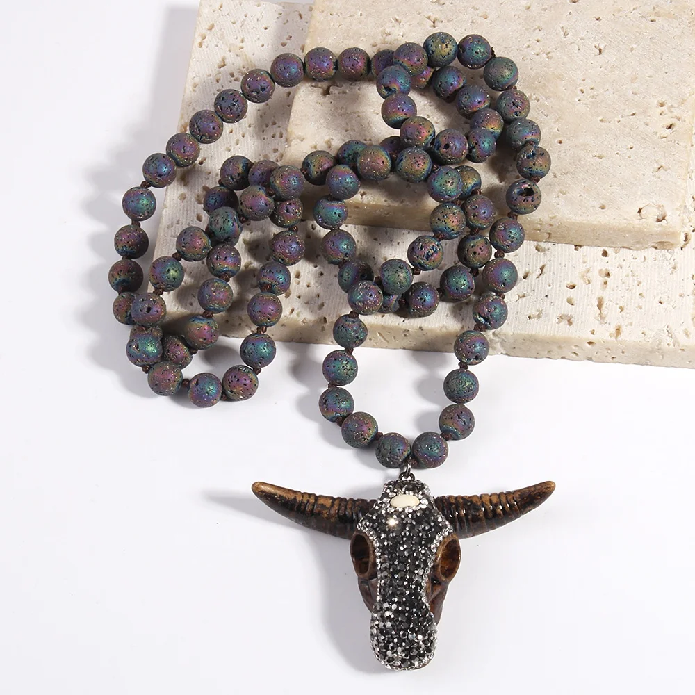 Bohemian Tribal Jewelry Lava Stone Necklace Knotted Handmade Rhinestone Paved Buffalo Skull Bull Horn Head Pendant Necklace
