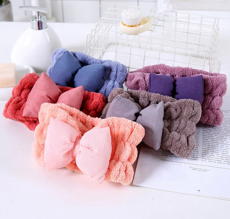 Cute Bow Hair Band, Soft Coral Fleece Hair Lace Headband Turban Bowknot Makeup Shower Headbands Head Wraps for Washing Face S
