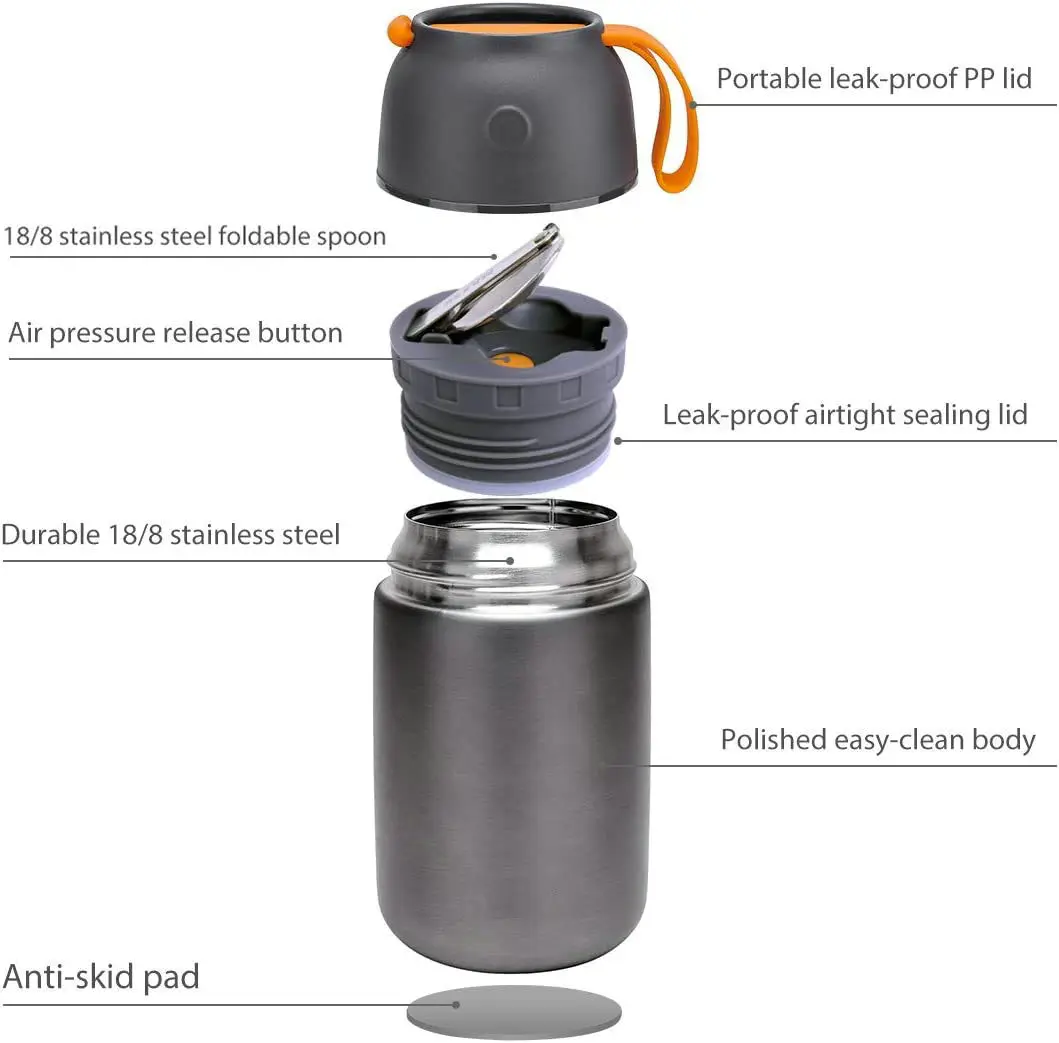 custom metal stainless steel vacuum insulated thermos food jar container with folding spoon keep warm with lid for kids