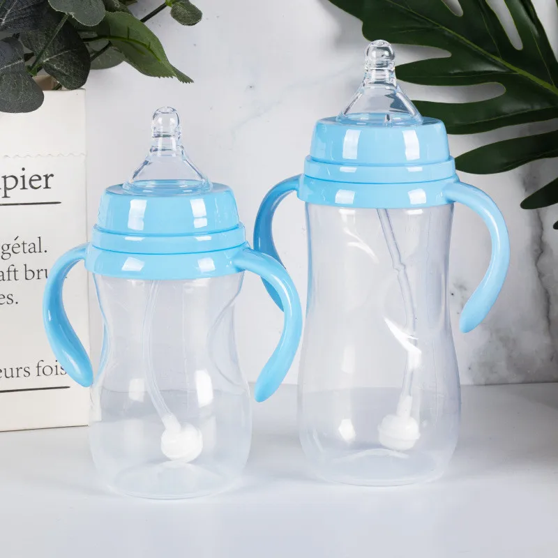 BPA Free Infant Baby Wide Mouth PP Breast Milk Feeding Bottle Clear Scale Anti Colic With Handle Straw