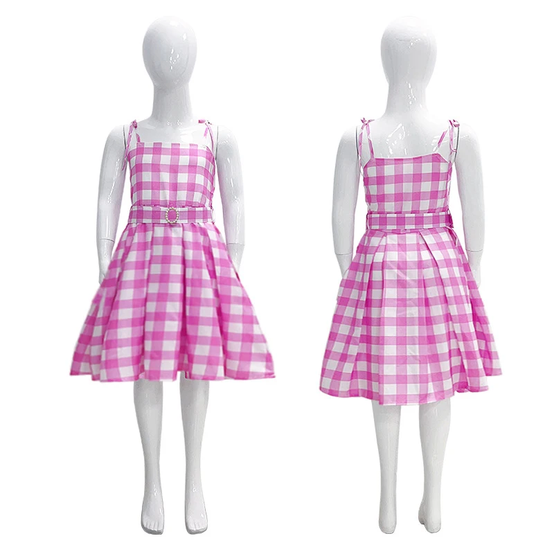 Halloween Girls Pink Plaid Dress for Kids Cosplay Costumes with bag 3-14 Year