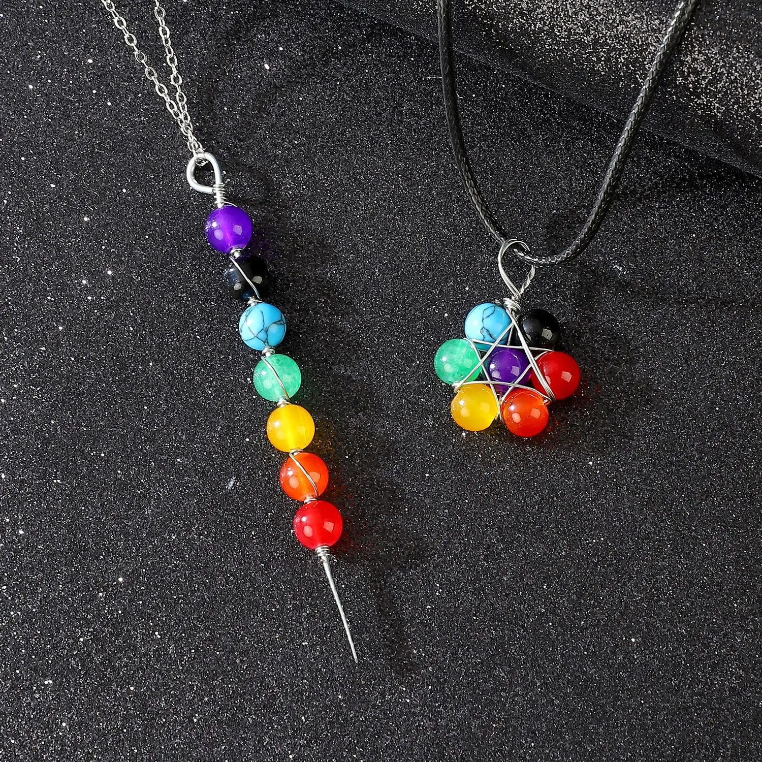 Vintage DIY Beaded Geometric Necklaces Black Rope Silver Stainless Steel Chain Rainbow Natural Stone Necklaces