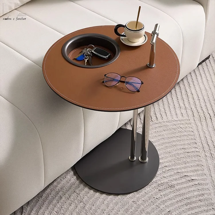 Small Coffee Table Modern Luxury Stainless Steel Drink Service Table Saddle Leather Side Table For Living Room