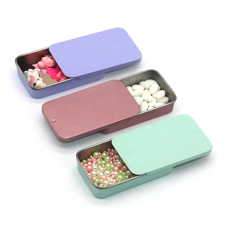 New Products Lip Balm Sliding Tin Box Rectangular Embossed Metal Small Slide Top Mini Metal Tins For Mint Candy