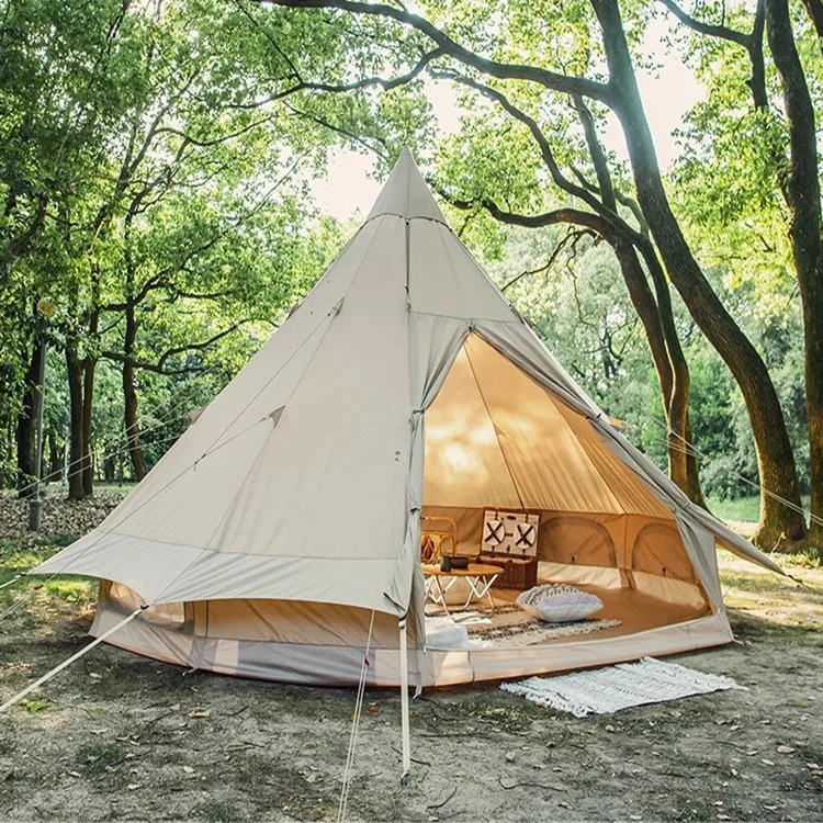 Camping Tent Cotton Pyramid Tent Big Space 5-8 Persons Outdoor Picnic Windproof Family Party Hunting Tent