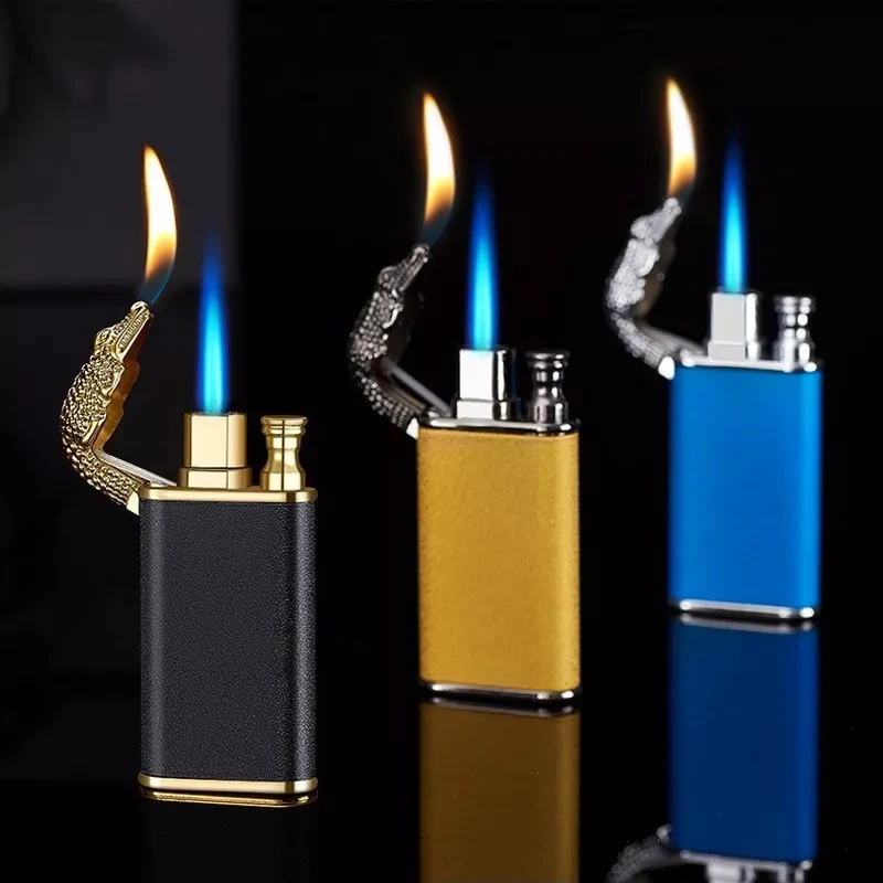 Популярная металлическая зажигалка с двойным огнем креативная прямая ветрозащитная открытым Мужская