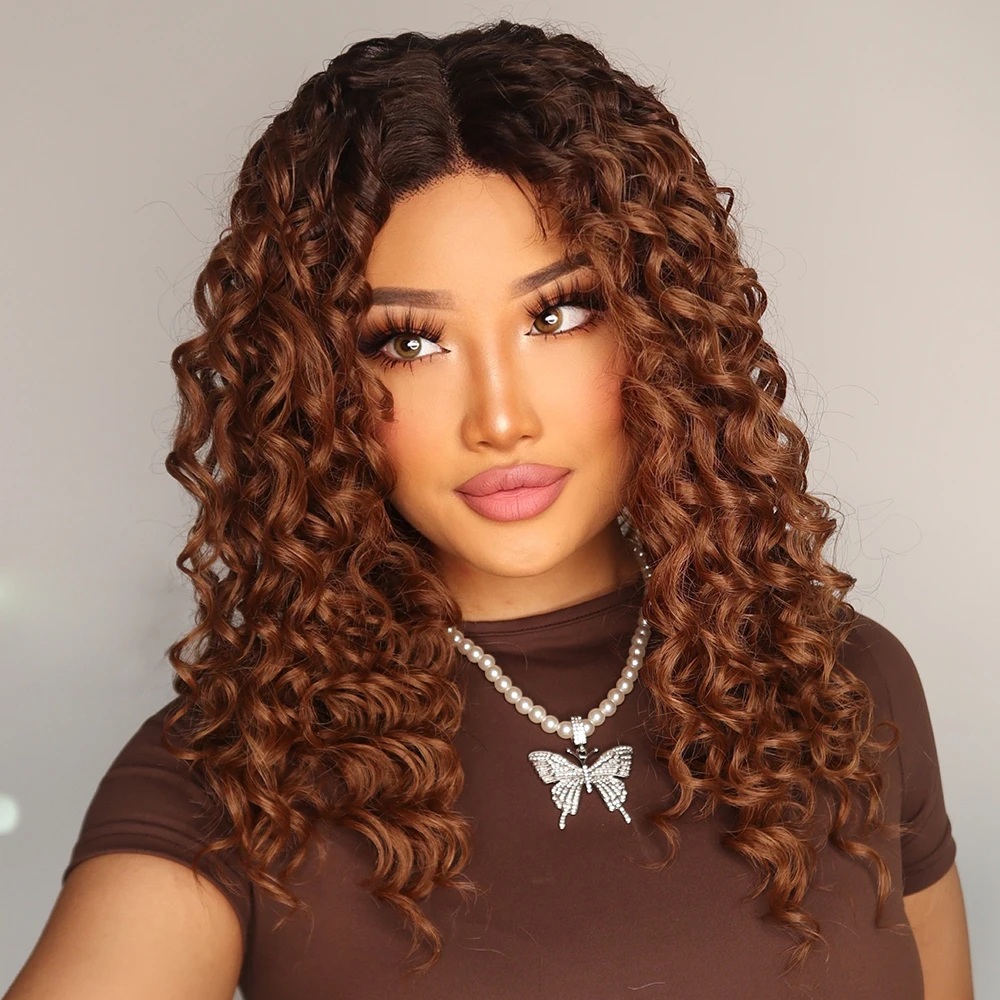Ainizi 22 inches afro kinky curly ombre brown synthetic T-part lace frontal wigs