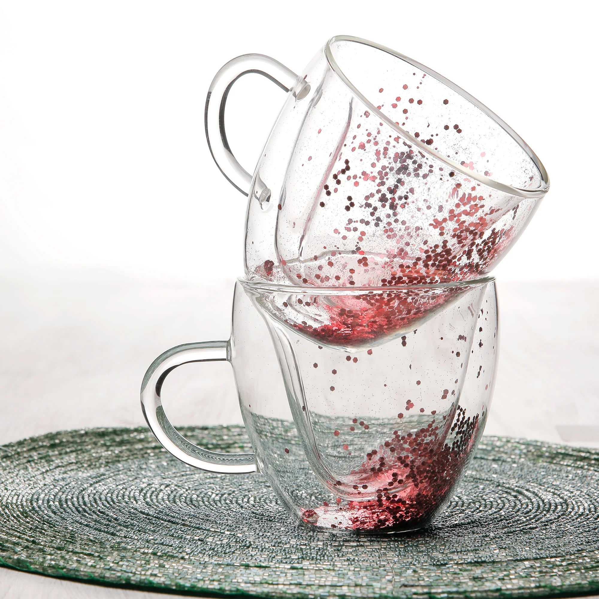New design heart shaped sequins glass coffee cup double wall glass mug for milk tea with handle