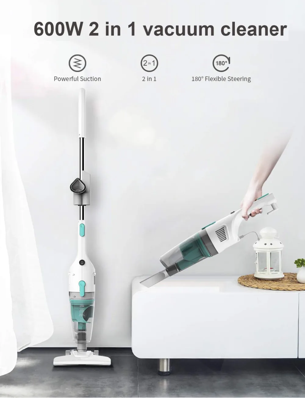 High end custom 600 W Wheeled floor brush Cyclone filtration system bed stick corded vacuum cleaner 2in1 with corded handheld