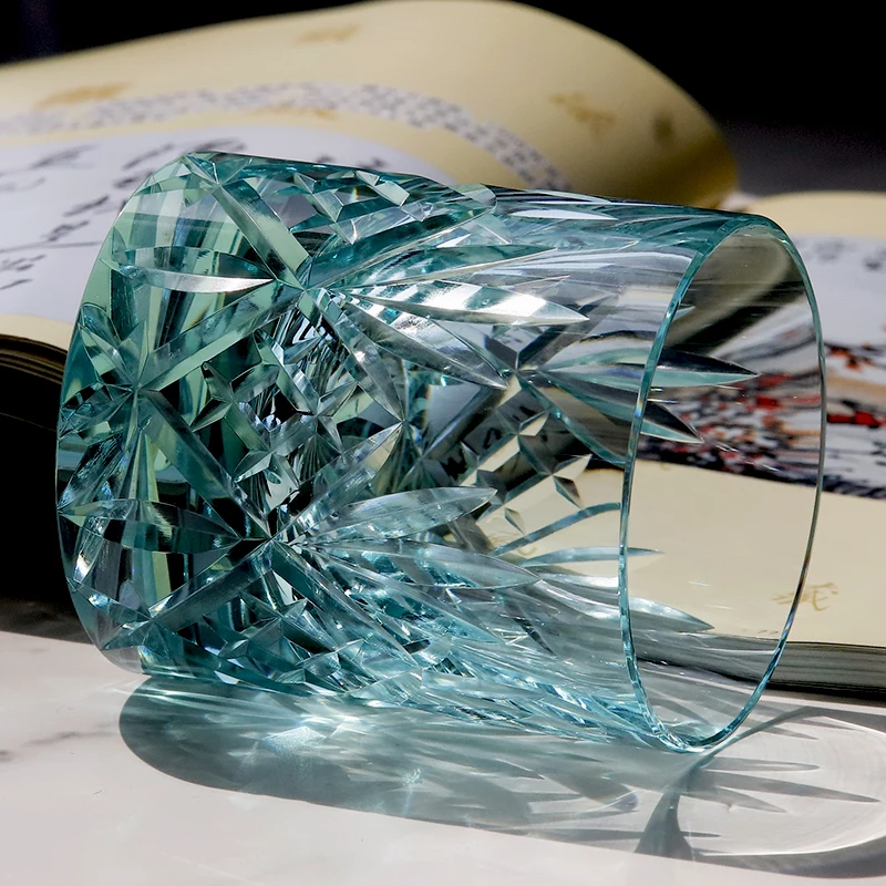 220ml K9 Wathet Crystal Glass Whiskey Tumbler With Hand Cutting Japanese Bamboo Leaves Design Old Fashioned Glass Green