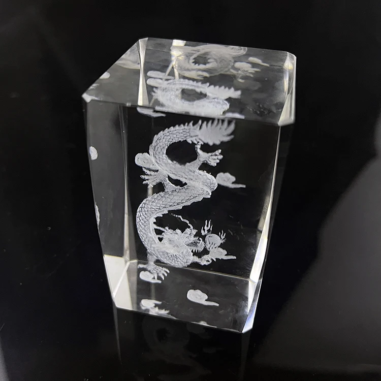 Etched Dragon Crystal Block paperweight MH-F0165