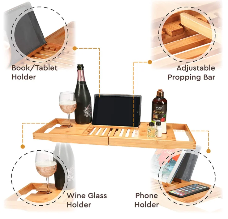 
Expandable Premium Wood Bamboo Bath Caddy Tray with Book, Wine Holder for Ideal Gift for Loved Ones 