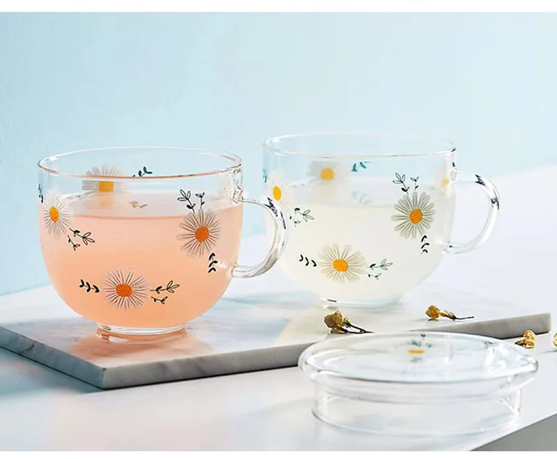 Solhui Cute Daisy Milk Glass Cup Ins French Wine Juice Glasses with Handle