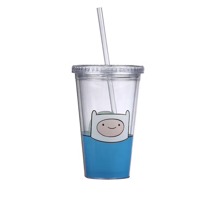 Drinking Cup with Straw Double Wall Cartoon Plastic 500ml Travel Mugs Support Cold Water Fly Cup with Lid All-season CN;ZHE