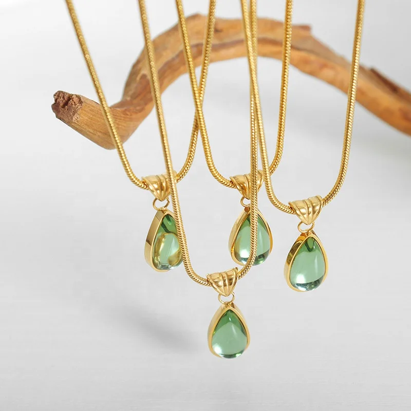 Dina Wholesale Fine Jewelry Vintage Stainless Steel Jewelry Olive Green Teardrop Necklace 18K Gold Filled Jewelry