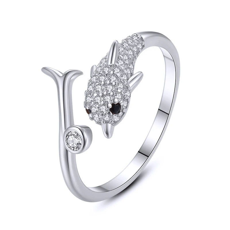 Personal customization OEM&ODM gold plated 3A zircon dolphin animal 925 silver ring fashion jewelry
