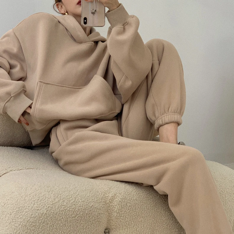2021 на осень-зиму с большими карманами; Брюки для девочек на заказ 2 шт. Топ больших размеров Свободная Толстовка пуловер с капюшоном для женщин