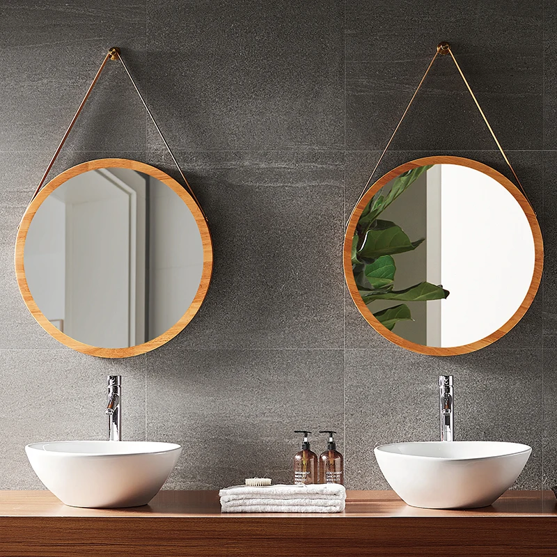 Custom-made Hotel Family bathroom Classic round flat solid wood frame Round leather belt hanging mirror