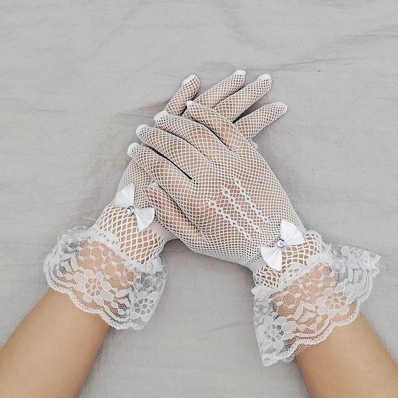 Women Black White Summer Driving Fashion Lace Gloves Full Finger Girls Bridal Mesh Fishnet Gloves