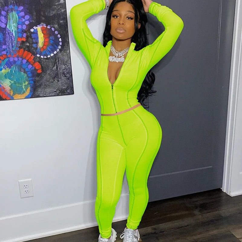 Fall Stitching Line Sports Two-piece Set V-neck Lounge Wear Woman Solid Color Bodycon Suit Spot Multi-color Matching Sets