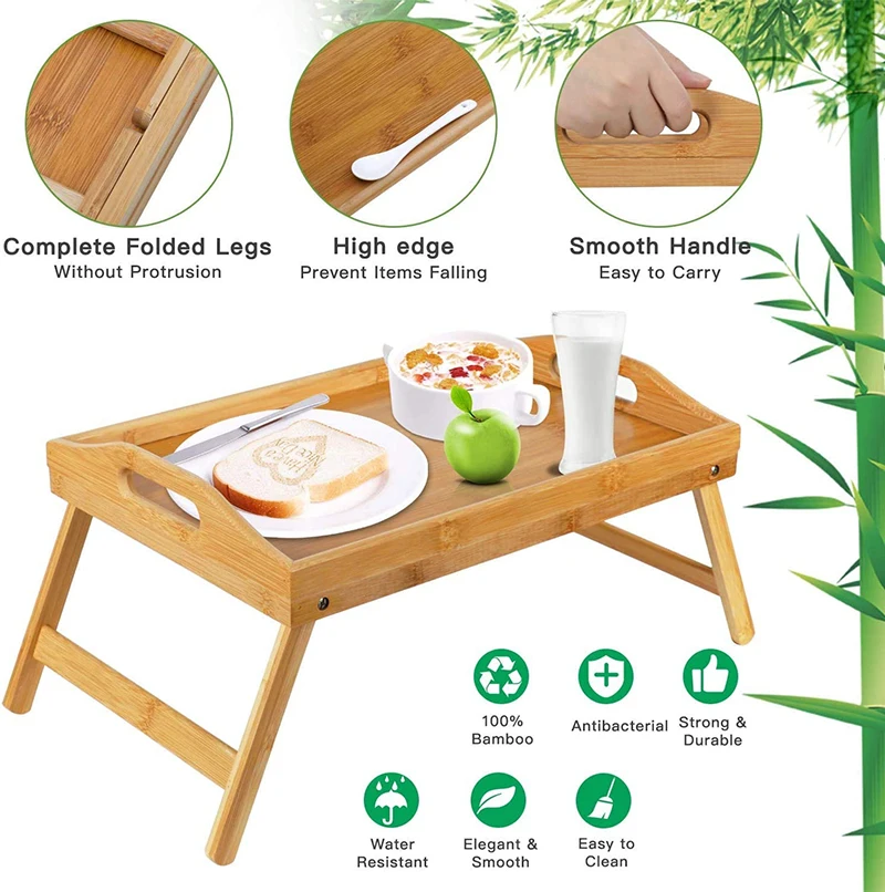 
ISTUDY Foldable Legs Bamboo Bed Breakfast Tray Table for Sofa Bed Eating Working 