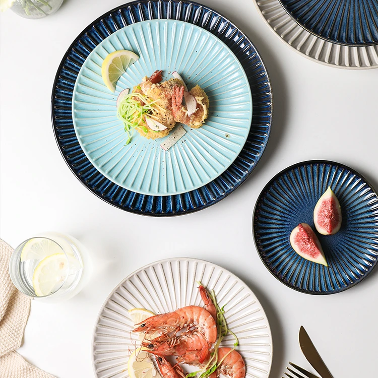 Керамические тарелки для домашнего использования, цветные глазурованные круглые полосатые фарфоровые тарелки, персонализированные тарелки, тарелки 1081