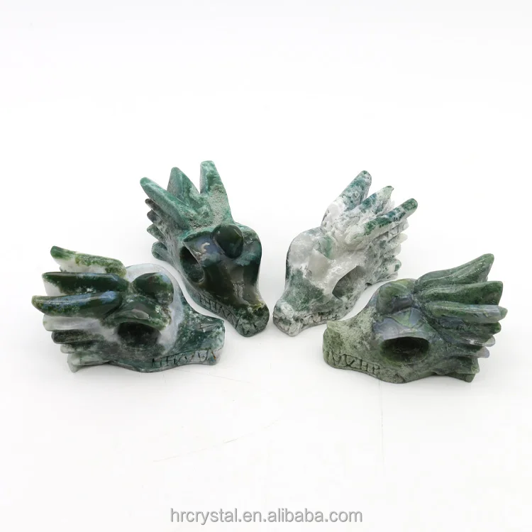 Semi-precious Stone Crafts Moss Agate Dragon Head Skulls Healing Crystal Animal Carvings
