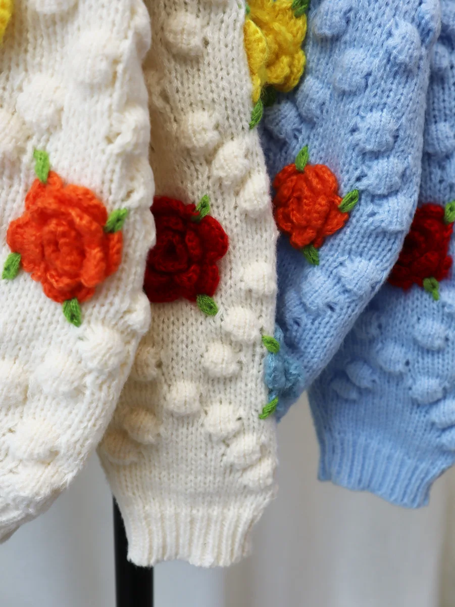 Autumn Winter New Handmade Hooked Flower Knitted Cardigan Sweater Coat Women Design 3d Ball Flower Embroidery Cardigan
