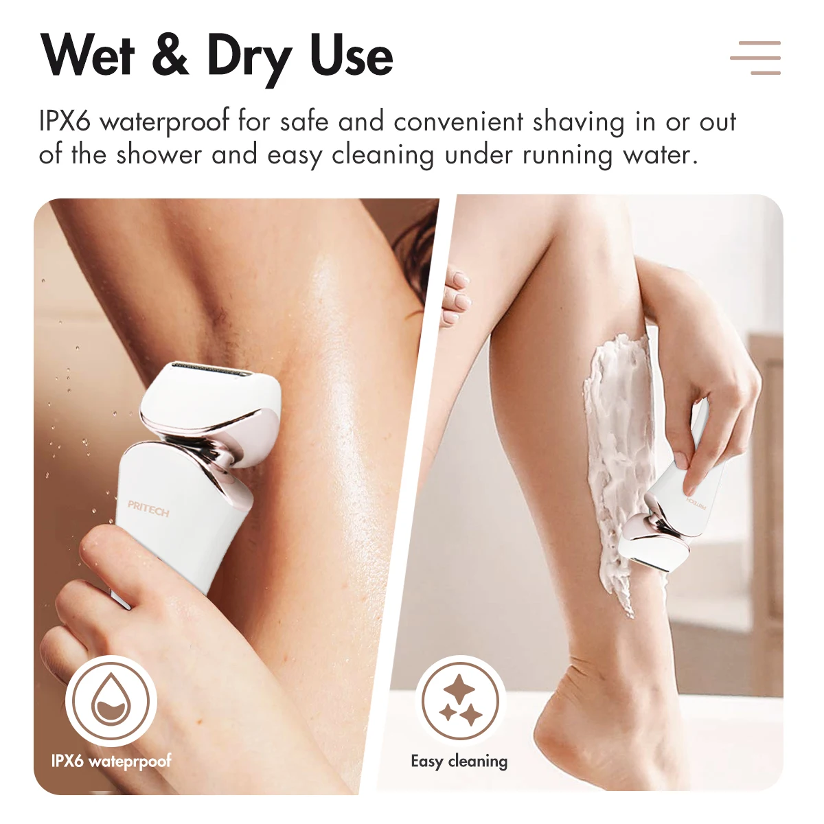 PRITECH Stainless Steel Blade Waterproof USB Charing Electric Body Lady Shaver With Smart Led Light