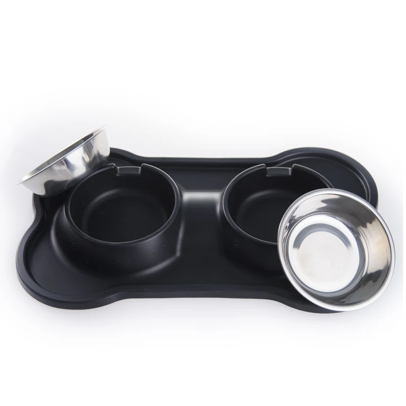 Eco-Friendly 2 Stainless Steel Pet Dog Bowls Slow Feeder Pet Bowl with Waterproof Silicone Pet Mat