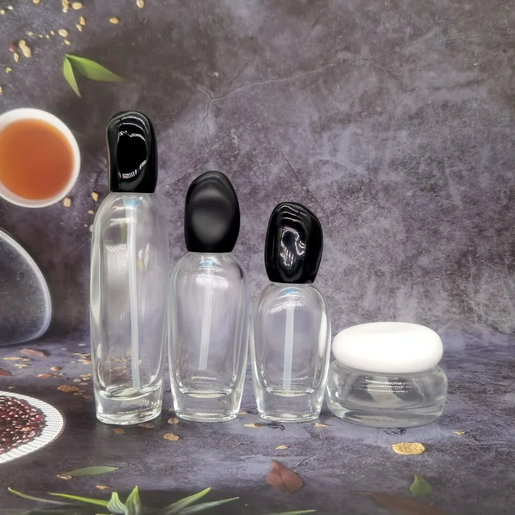 Serum Bottle Glass 30ml 120ml 50ml 100ml Green Gradient Purple Black Unique Shape Frosted Round Serum Glass Bottle Pump