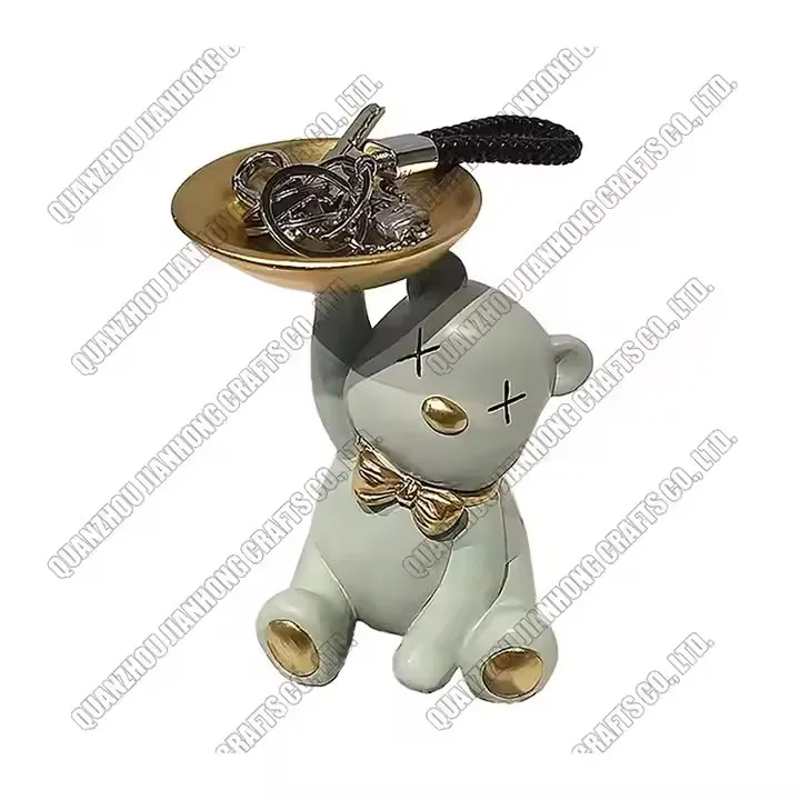 Home Resin Bear Key Storage Tray Desktop Decor Resin Crafts Orange Bear Decorative Tray Statue For Living Room