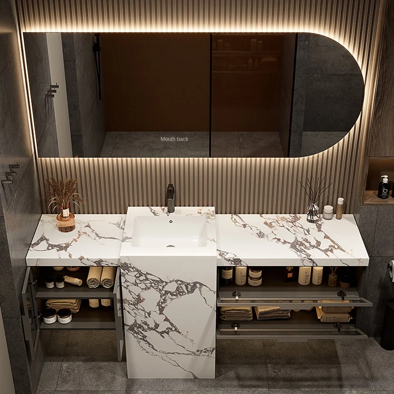 Bulgari Modern Rock Plate Seamless All-in-One Basin Bathroom Cabinet Customized Lacquer Finish Floor Column Washbasin