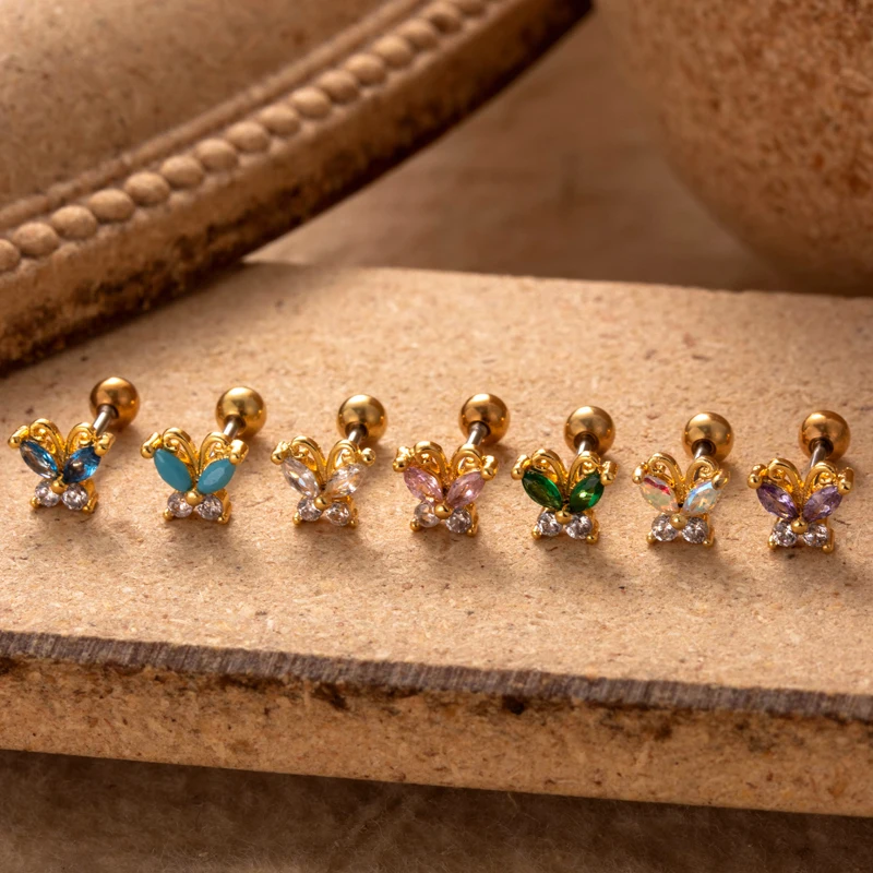 custom helix piercing women jewelry stainless steel screw back green zircon butterfly ear tragus lobe cartilage stud earrings
