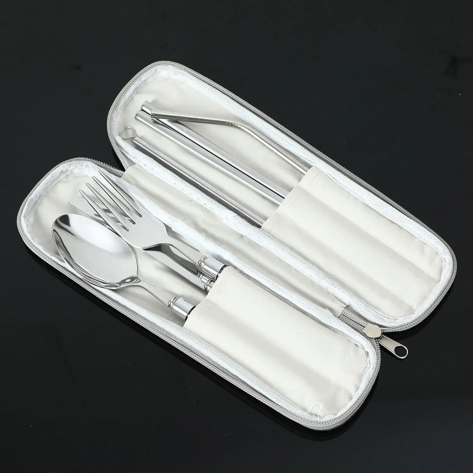 7-piece portable stainless steel travel camping High Quality tableware Knife fork spoon chopsticks Cleaning brush straw
