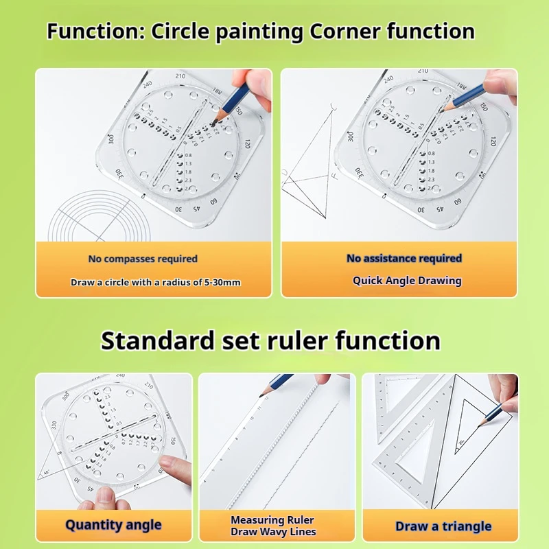 Multi-Functional Four-Piece Transparent Ruler Set: Measuring, Drawing, Teaching Stationery with Wave Ruler and Triangular Plate