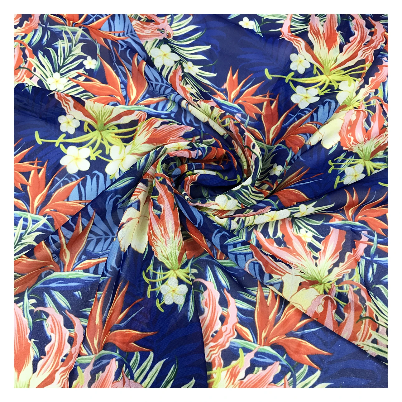 New fashion vibrant blue tropical floral pattern 75D dubai chiffon fabric sublimation printing for clothing
