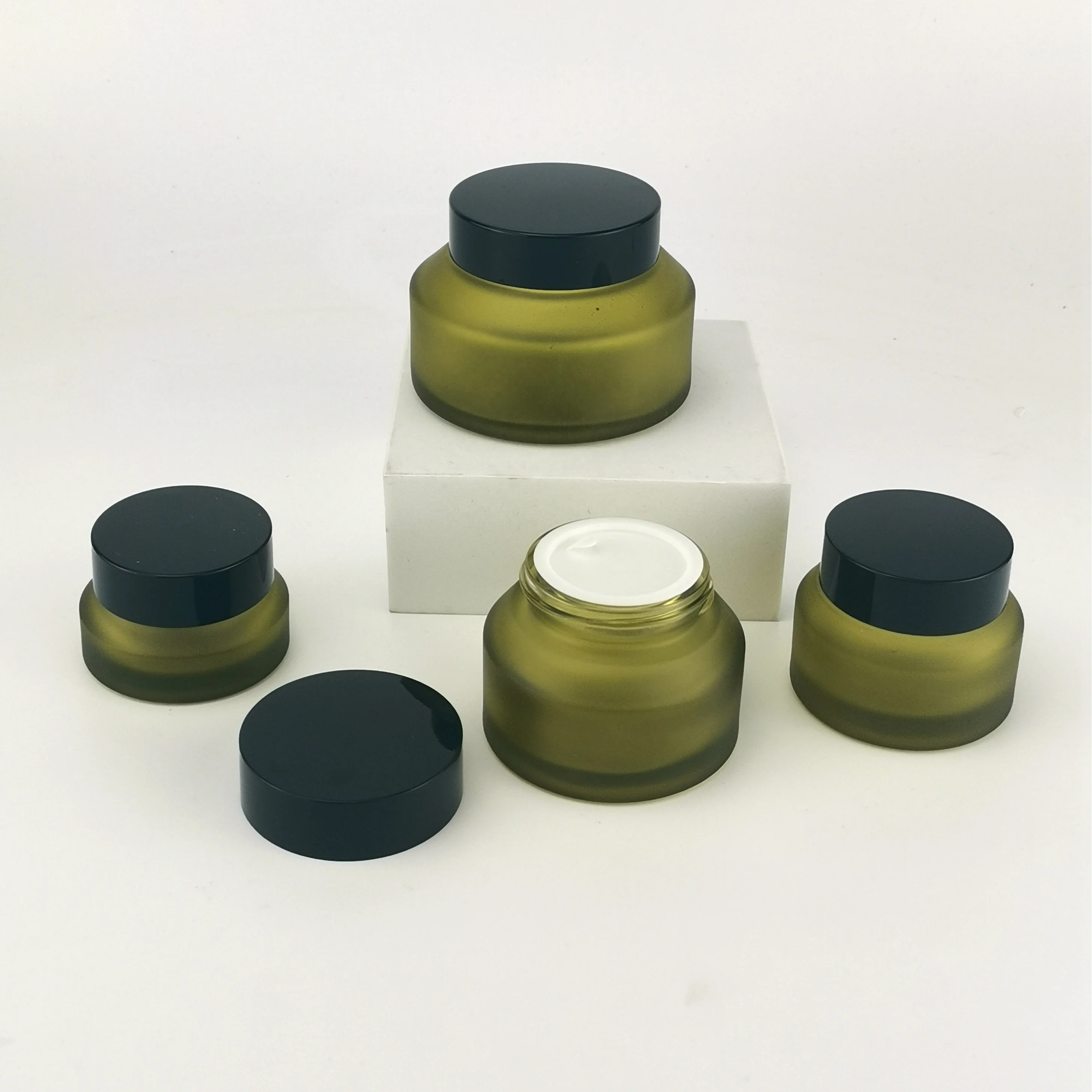 olive green glass jar face cream cosmetic container 15 g 30 gm  50 gm 100 gm glass jar with black lid