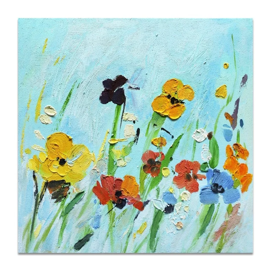 Modern Simple Original Warm Summer Coloful Flowers Blue Hand-painted Texture Thick Oil Abstract Living Room  Wall Art