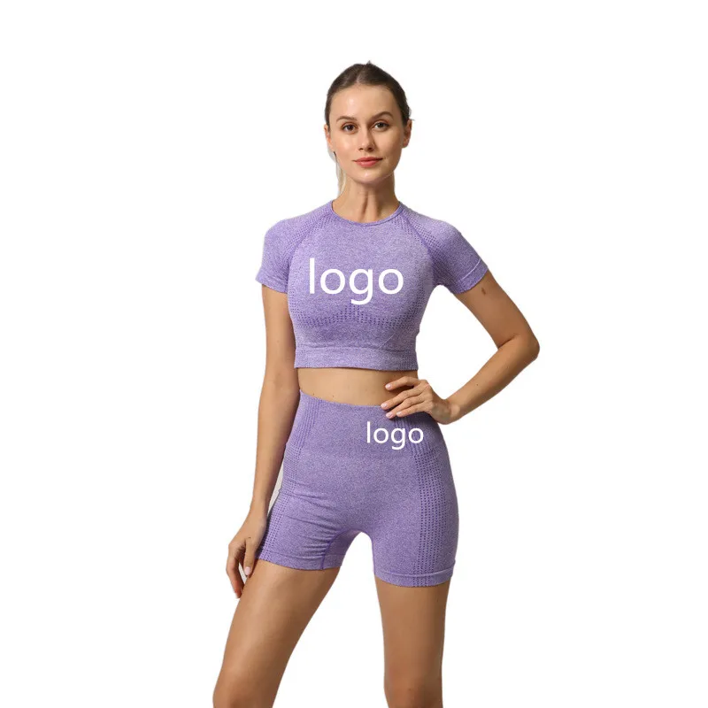 Women Short Sleeve Yoga Set 2 Piece Vital Seamless Sport Suit Gym Clothes Fitness Crop Top Shirt High Waist Shorts Sportswear
