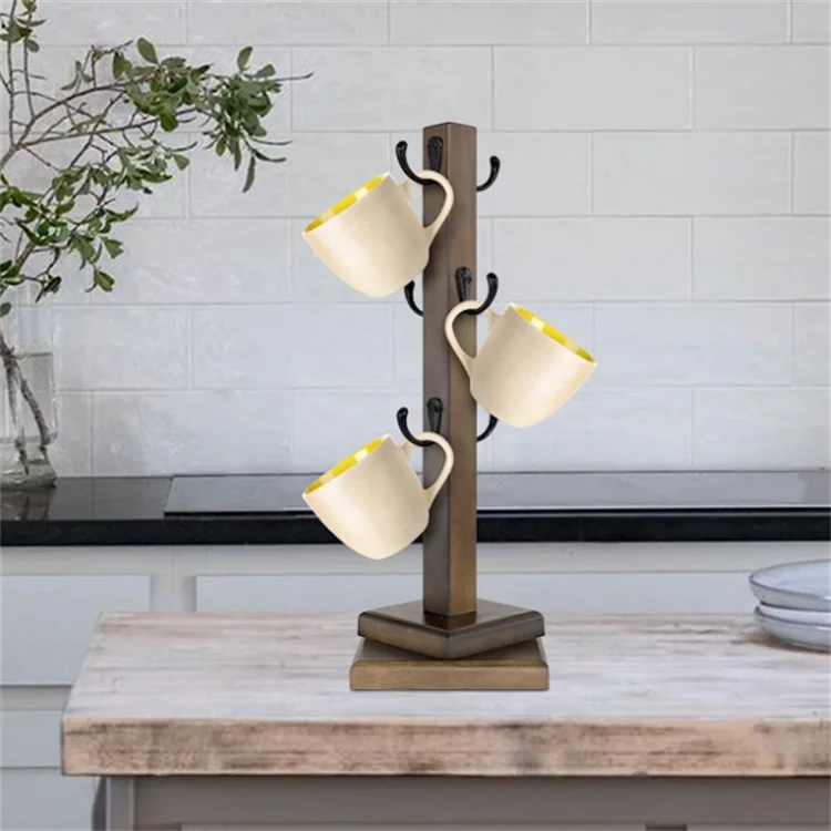 Space-Saving Rotated Brown Solid Wood Mug Rack Tree Organizer Tea Cup Organizer Hanger Holder With 6 Hooks