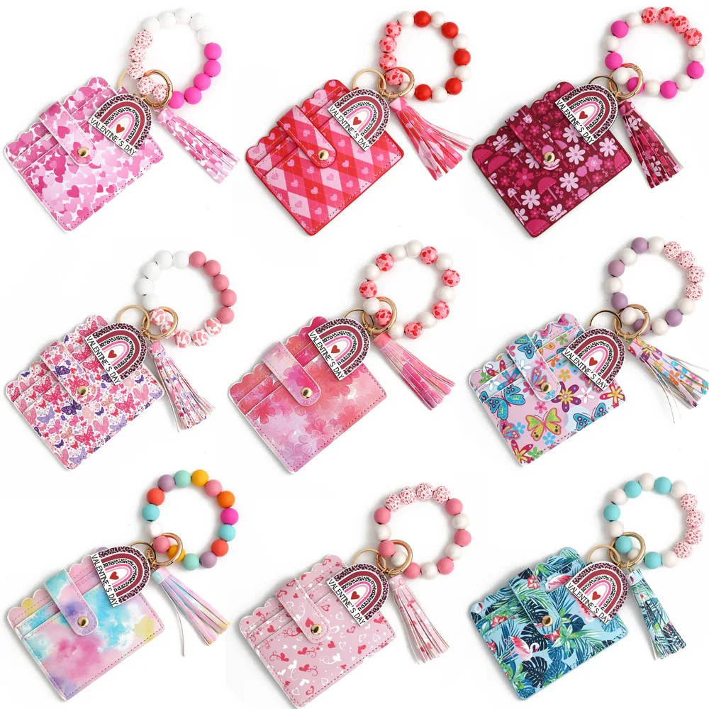 New Arrival Love Heart PU Leather Card Holder With Beaded Keychain Rfid Ladies Wallet Zipper Coin Pocket For Female
