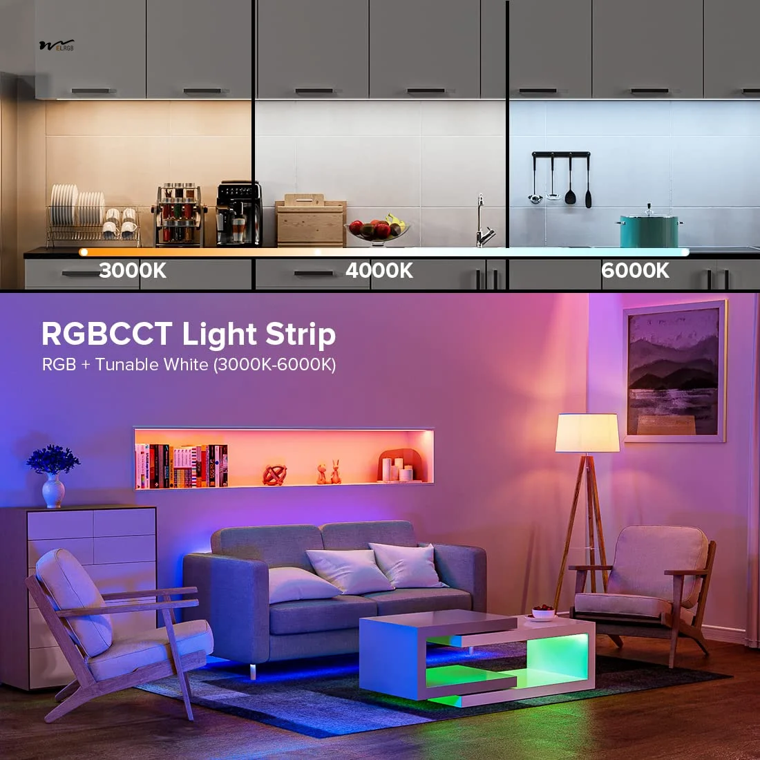 5 Colors in 1 LED 5050SMD RGBWW RGB+Dimmable Tunable Color 16.4ft 96LEDs/m 480LEDs DC12V Multi-Colored Tape Lights