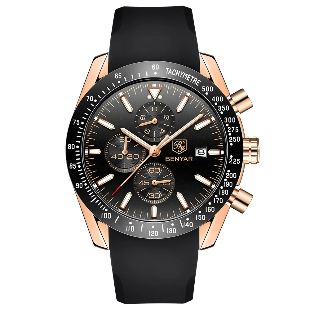 Montre Homme Original Benyar 5140 Luxury Brand  Silicone Sport Watches Fashion Chronograph Quartz Watch For Men