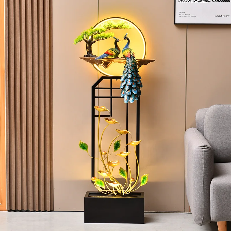 Unique Indoor Home Decor Accessories Peacock Lotus Water Curtain Craft Ornement Metal Water Fountain Waterfall