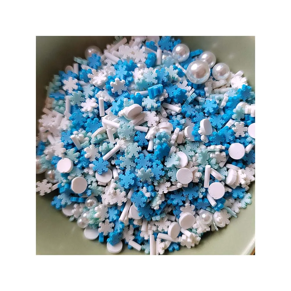 Winter Sprinkle Mix Blue Snowflakes White Pearls Polymer Clay Slices