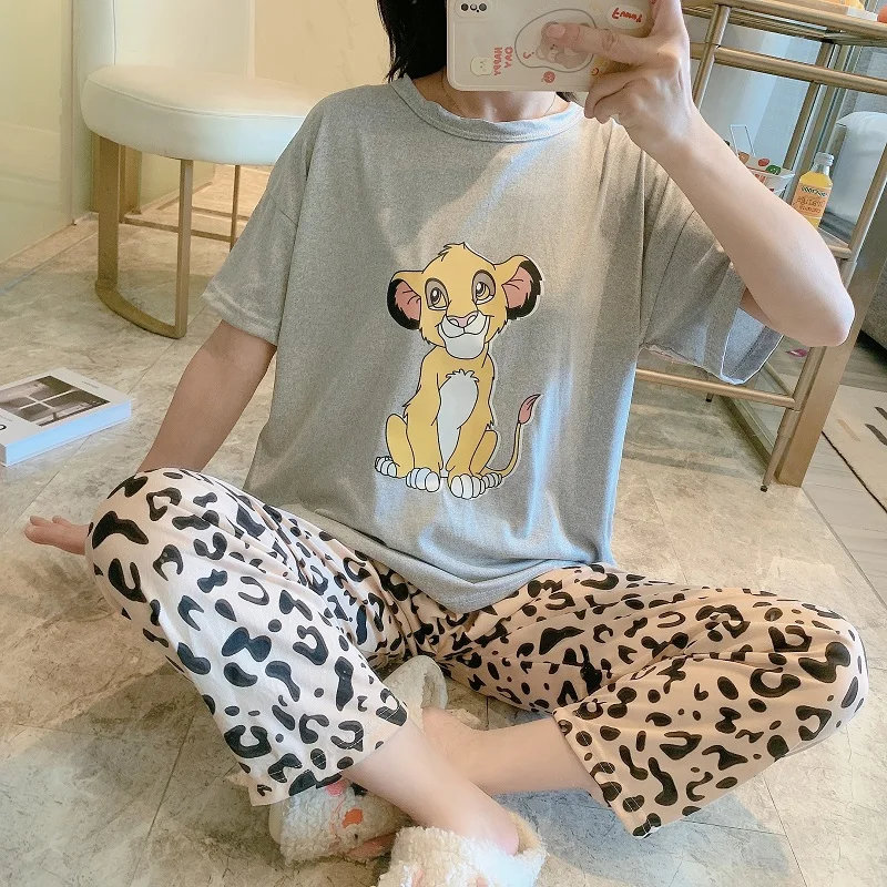 Wholesale cartoons printed short sleeves pajamas milk silk two piece set sleepwear Korean cute casual night wear for lady