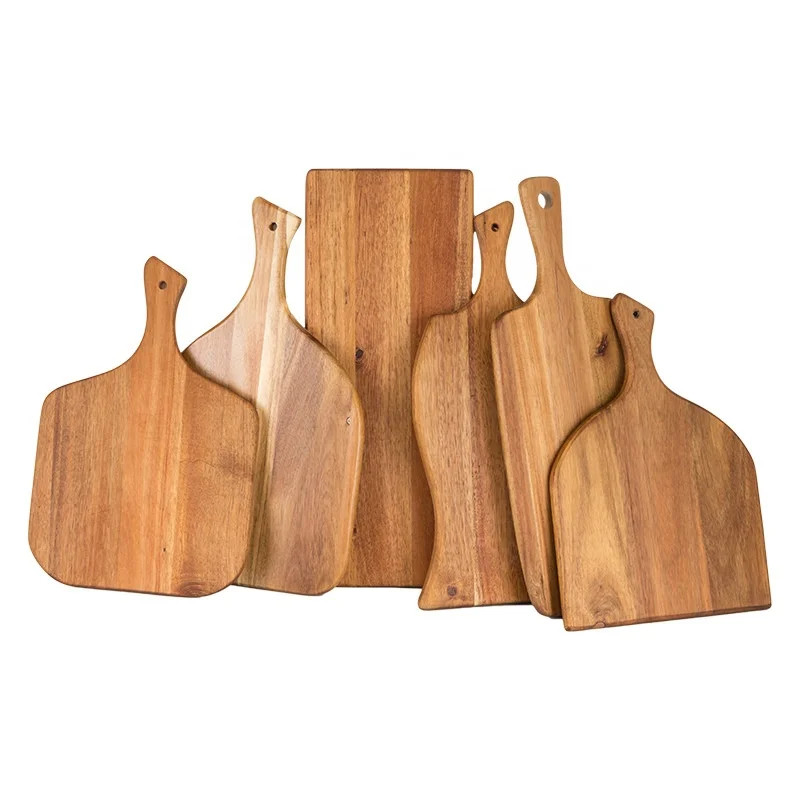 Manufacture creative design acacia wood chopping board bread cutting board with handle from Fujian factory