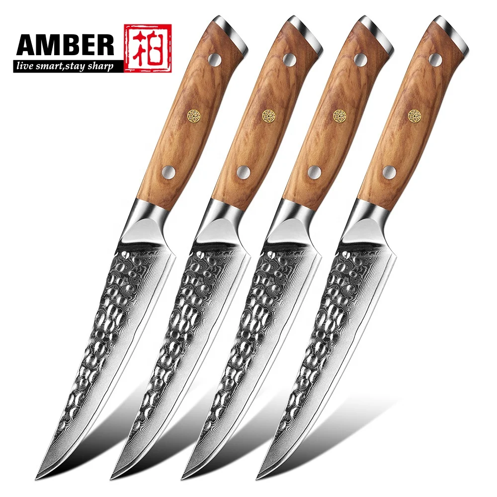 Professional damascus steel wooden handle steak knife set restaurant beef kitchen knives set