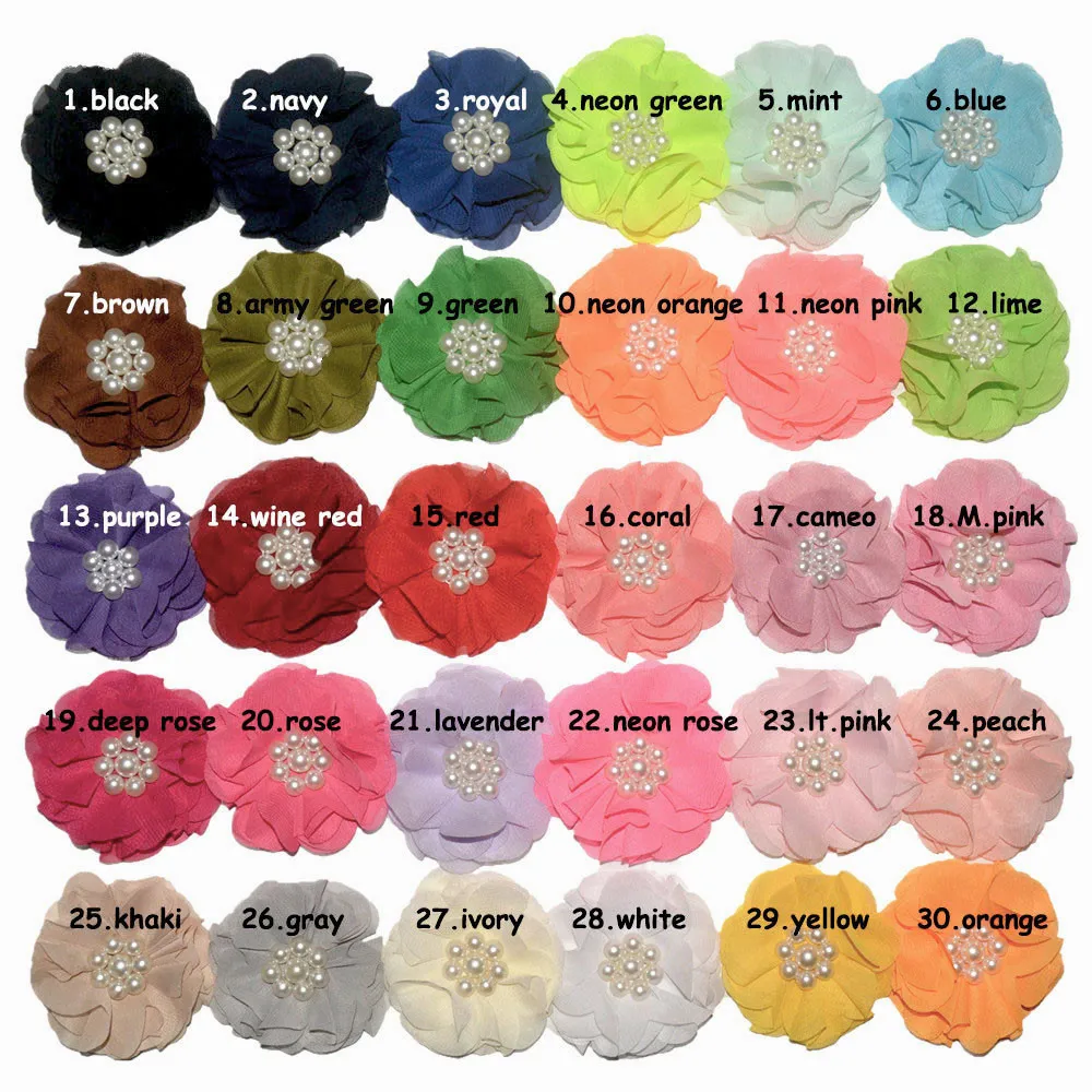 3' (7.5cm) Multi-layer Pearl Beaded Chiffon flower Without Hair Clip Girl Lovely Hair Accessories 30 Colors